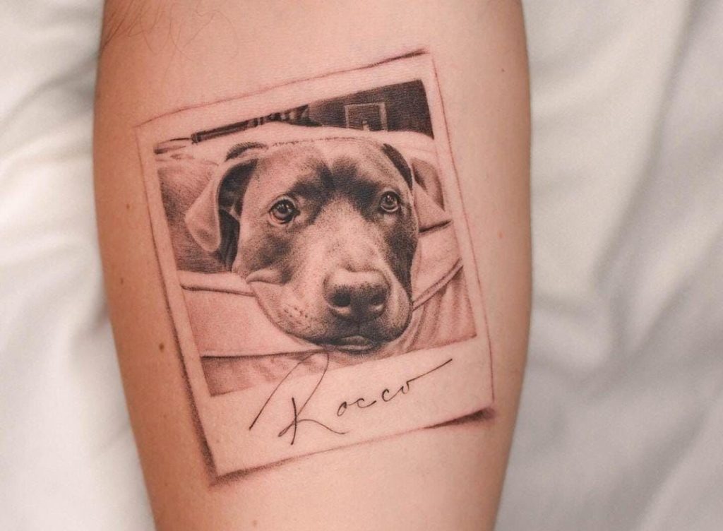 Polaroid Dog Snapshot Tribute Tattoo Design