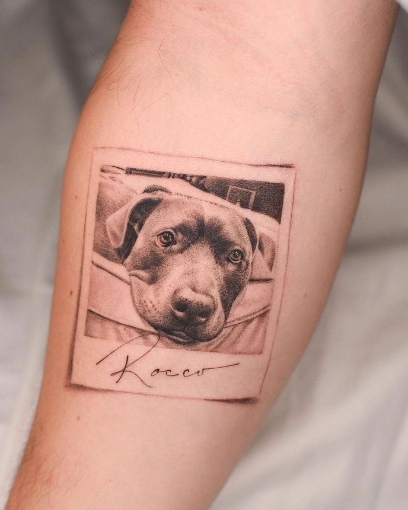 Polaroid-Style Dog Portrait Tattoo Tattoo Design