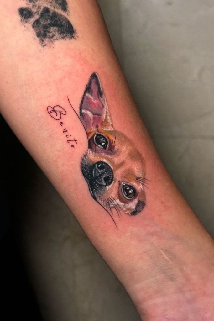 Tiny Color Portrait With Name Script Tattoo Design