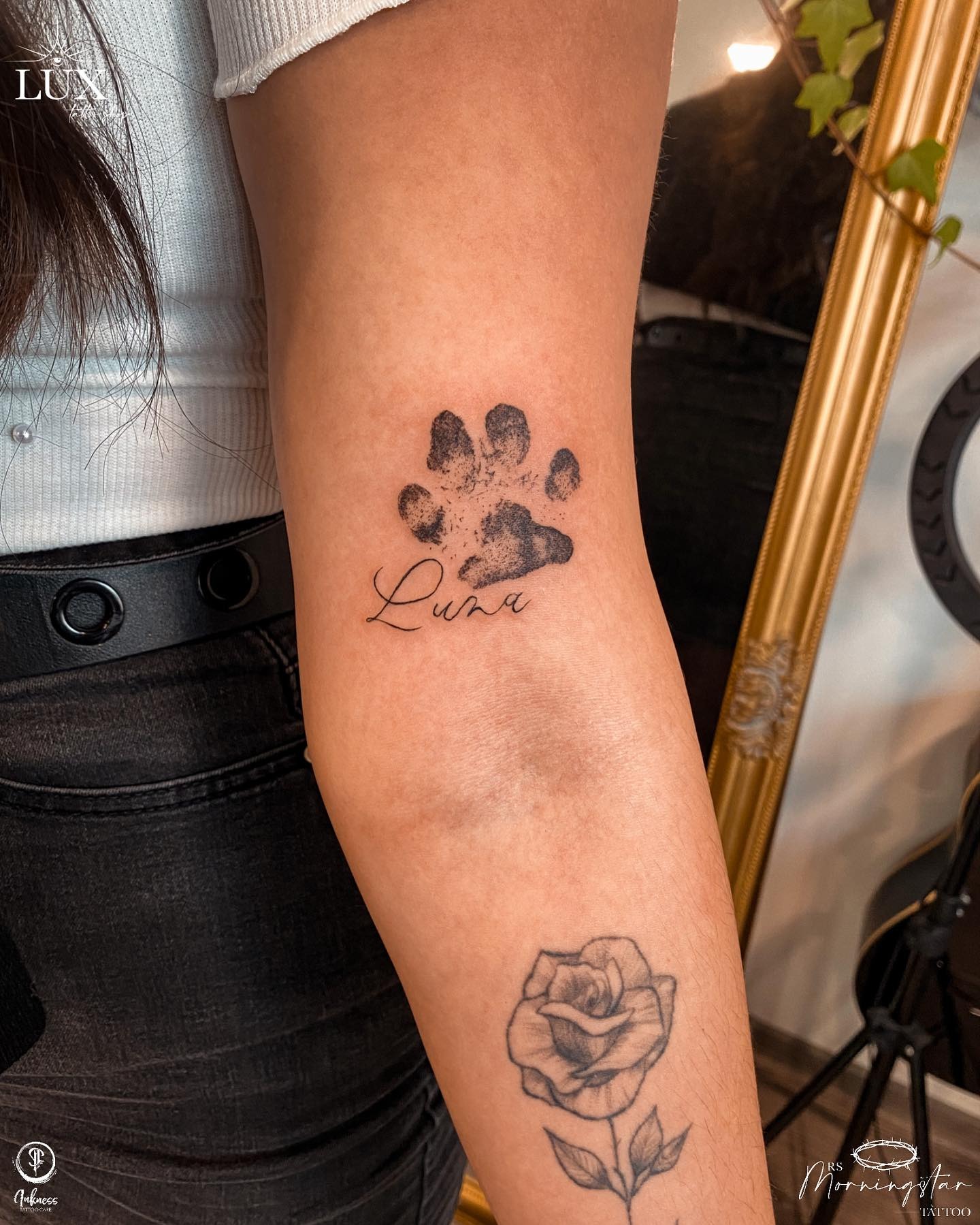 Minimal Dog Paw and Name Tattoo Tattoo Design