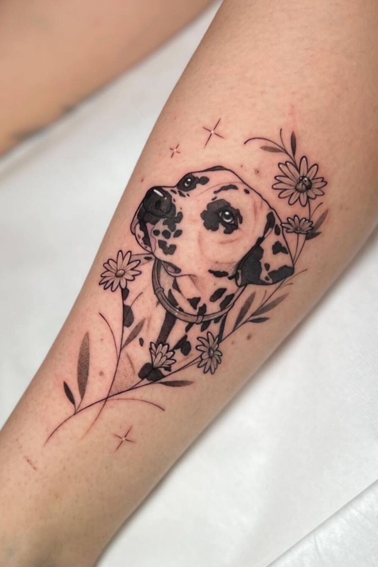 Dalmatian with Daisies and Starbursts Tattoo Design