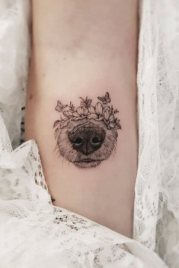 Floral Dog Nose with Butterflies Tattoo Design