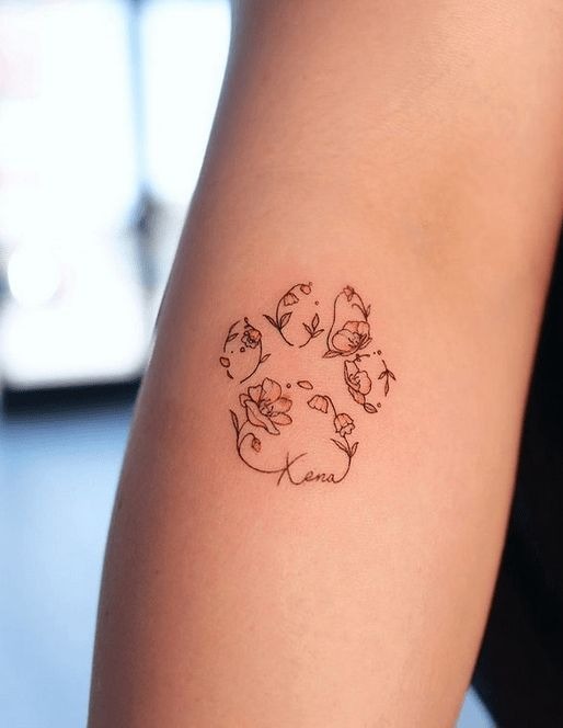 Floral Paw Print with Name Tattoo Design