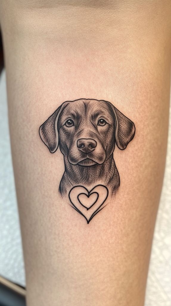 Labrador with Double Heart Frame Tattoo Design