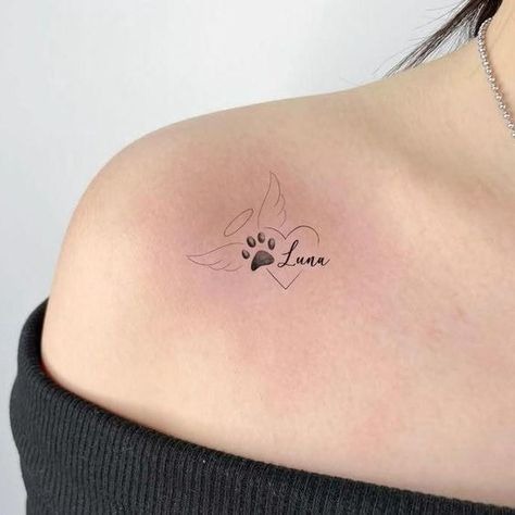 Memorial Paw with Wings and Name Tattoo Design