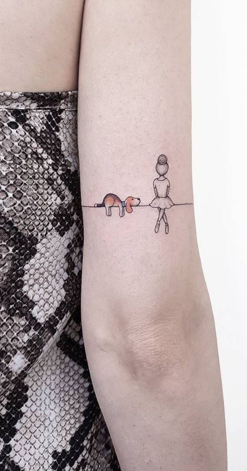 Minimalist Line Tattoo of Girl and Dog Tattoo Design