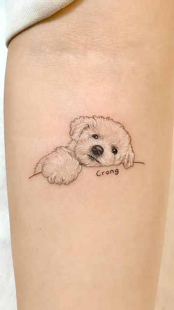 Puffy White Puppy with Name Tattoo Design