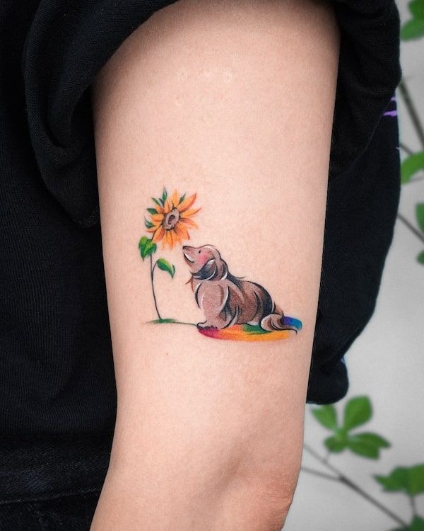 Rainbow Dachshund and Sunflower Tattoo Design