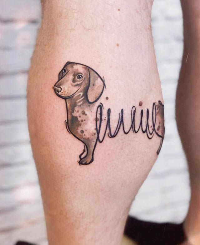 Signature Sausage Dog with Watercolor Spots Tattoo Design