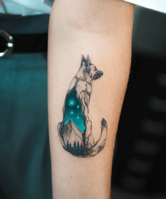 Starry German Shepherd Landscape Tattoo Design
