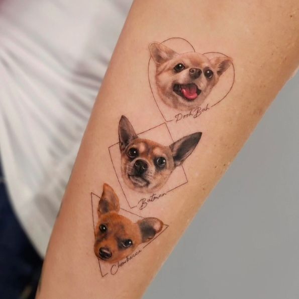 Trio of Tiny Chihuahuas in Geometric Frames Tattoo Design