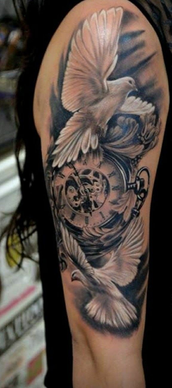 Dove and Clock Sleeve Tattoo Tattoo Design