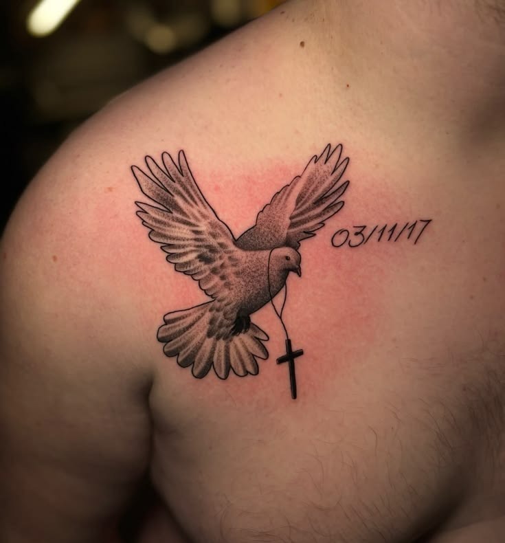 Dove With Cross and Date Tattoo Tattoo Design