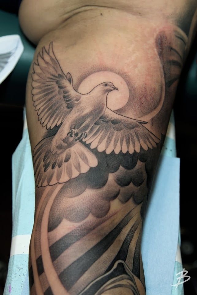 Large Dove and Sun Thigh Tattoo Tattoo Design
