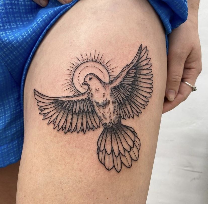 Radiant Dove Thigh Tattoo Tattoo Design