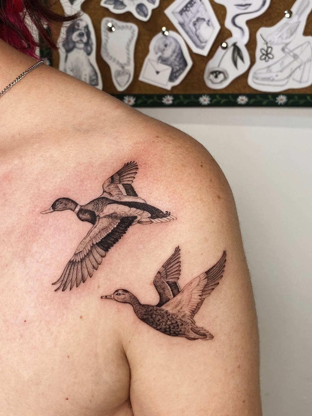 Elegant Duck Tattoos in Mid-Flight Display Tattoo Design