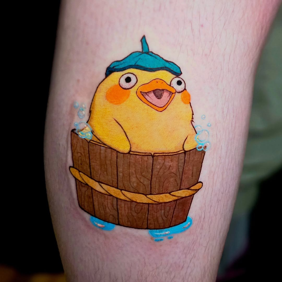 Whimsical duck tattoo in a wooden barrel Tattoo Design