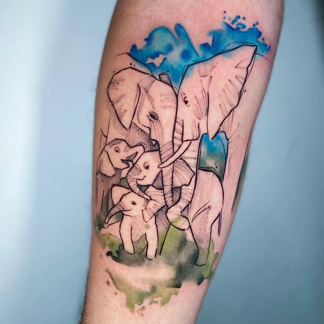 A beautiful family of watercolor elephants Tattoo Design