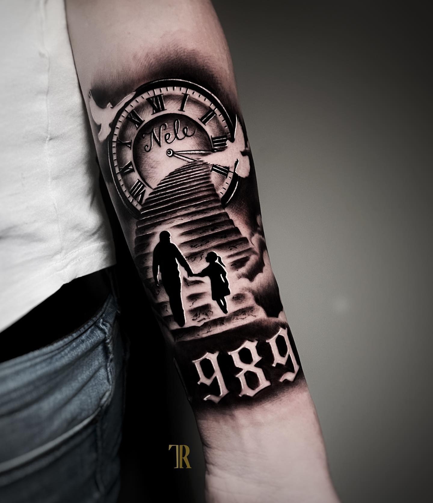 Father and Daughter Stairway Clock Tattoo Tattoo Design