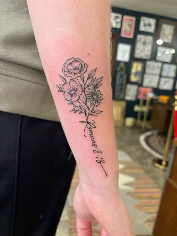 Fine Line Violet Bouquet with Wildflowers Tattoo Design