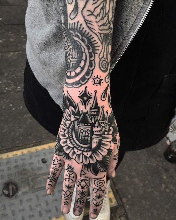 Fairytale Castle Palm Filler Tattoo Design