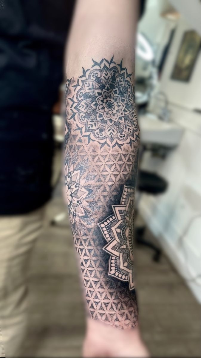 Layered Mandala and Triangle Sleeve Filler Tattoo Design