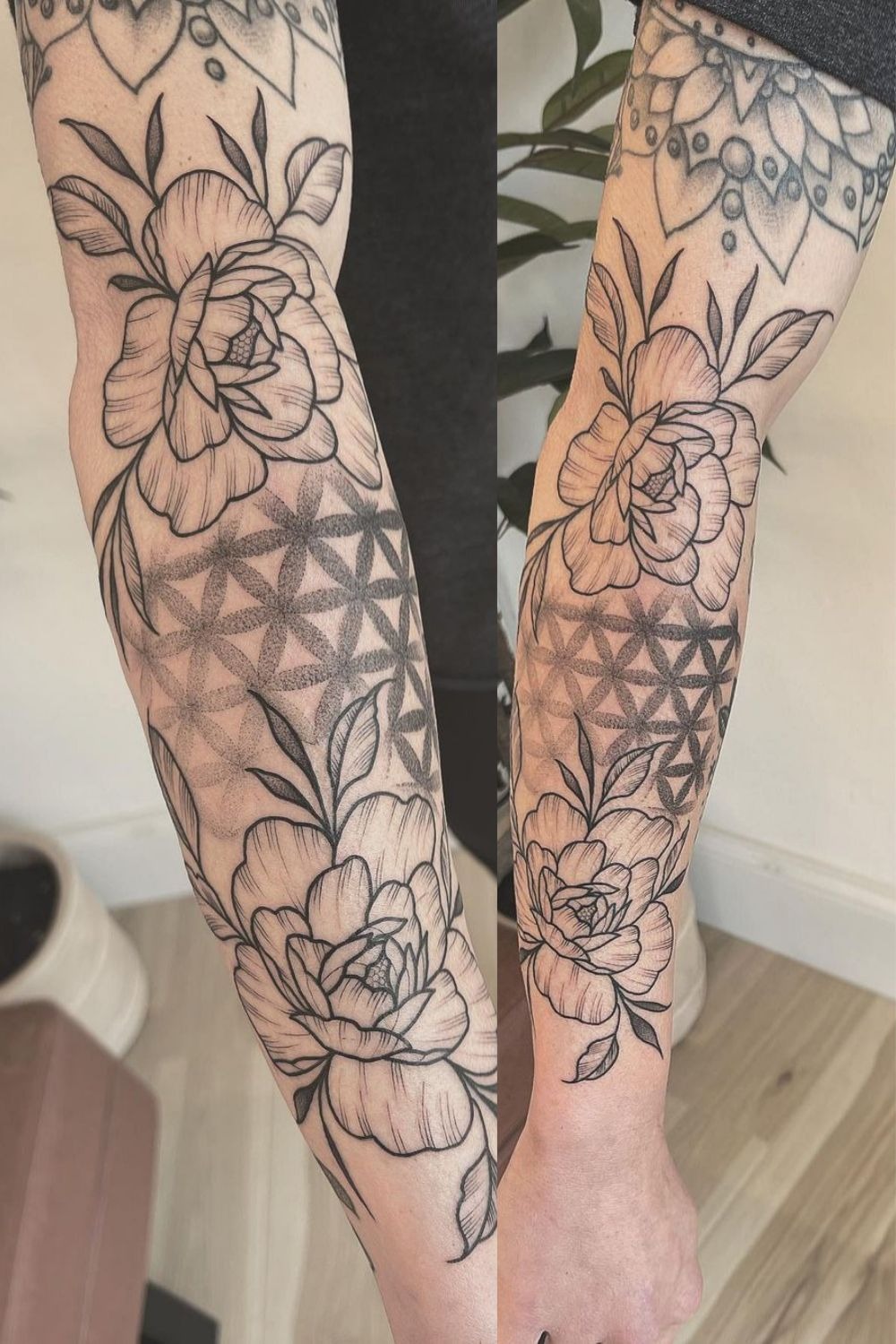 Peony and Triangle Forexarm Gap Fillers Tattoo Design