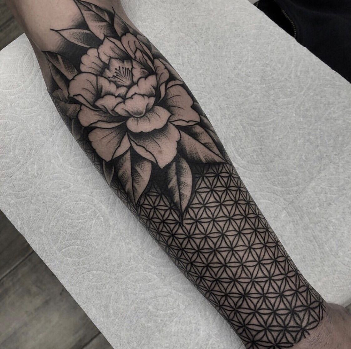 Peony Over Geometric Net Filler Tattoo Design
