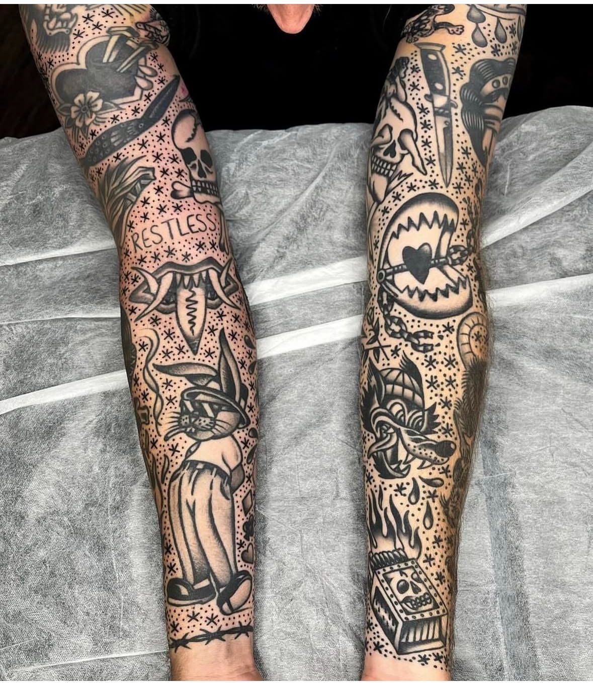 Star-Dusted American Traditional Sleeves Tattoo Design
