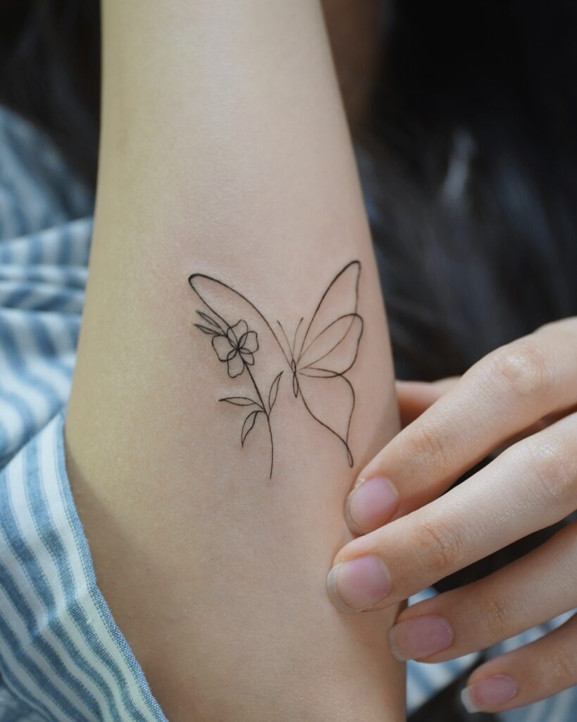 Butterfly and Flower Fine Line Tattoo Tattoo Design