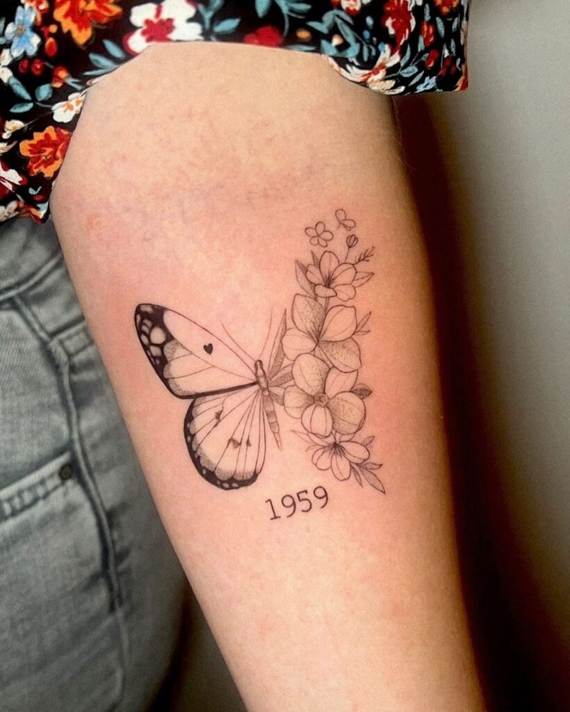 Butterfly and Flowers with Date Tattoo Tattoo Design