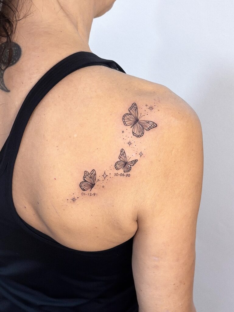 Butterfly Trio with Dates and Stars Tattoo Design