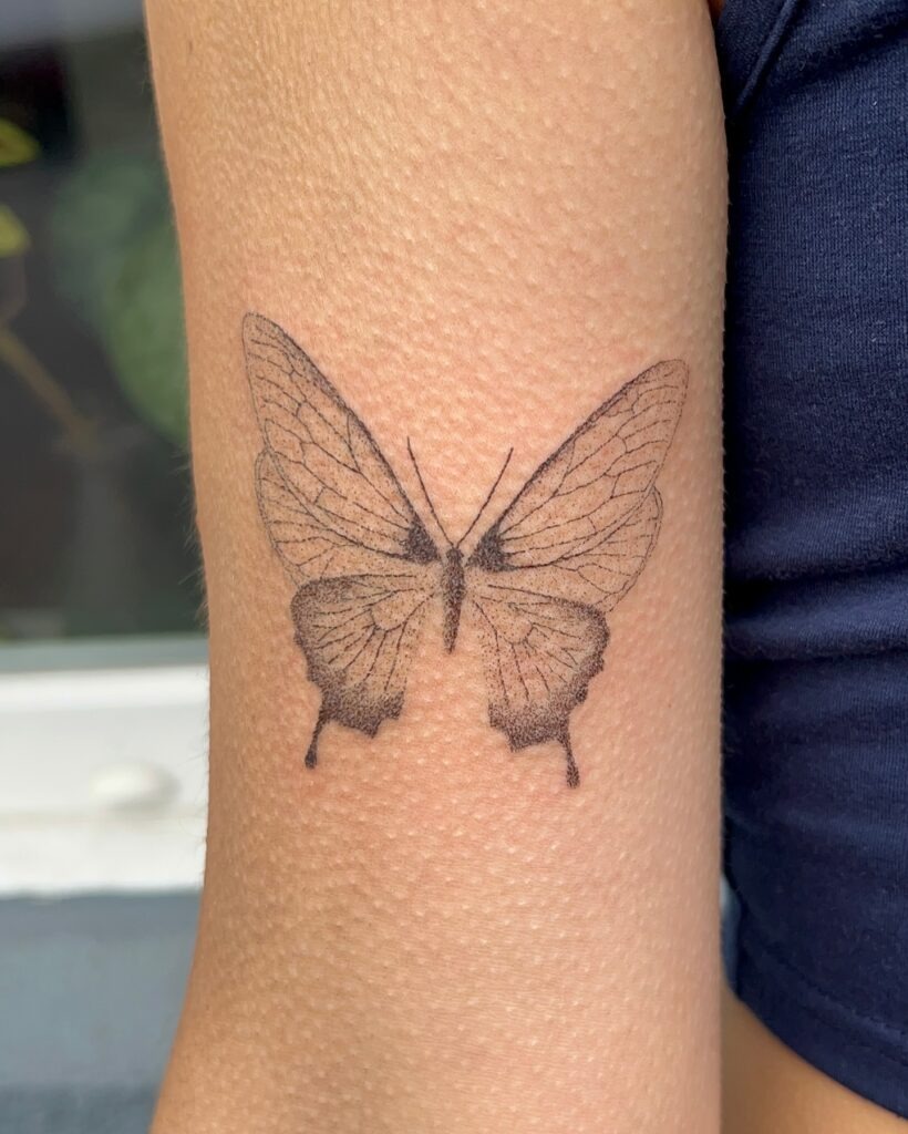 Detailed Fine Line Butterfly with Shaded Wings Tattoo Design