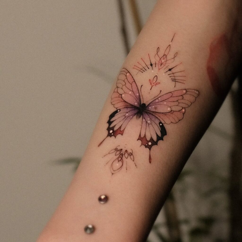 Elegant Pink Butterfly with Fine Line Details Tattoo Design
