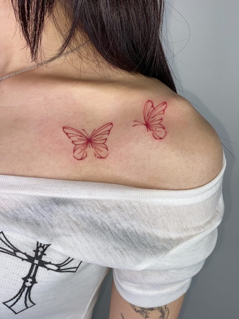 Red Fine Line Butterflies on the Shoulder Tattoo Design