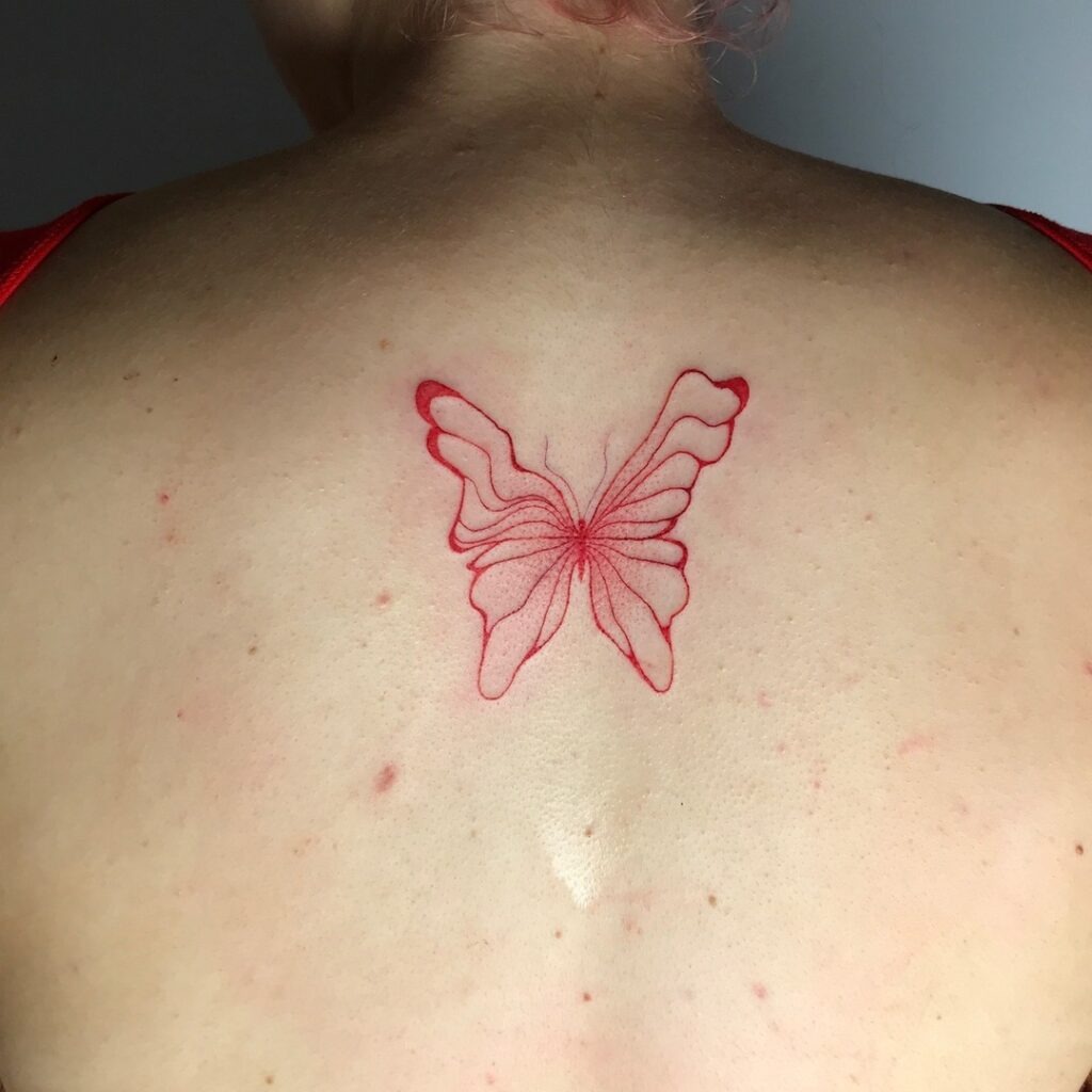 Red Fine Line Butterfly on the Back Tattoo Design
