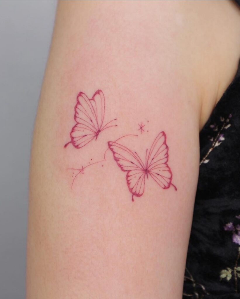 Red Ink Butterfly Duo with Stars Tattoo Design