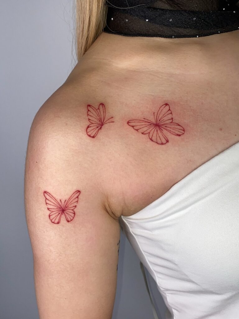 Trio of Red Ink Butterflies Tattoo Tattoo Design