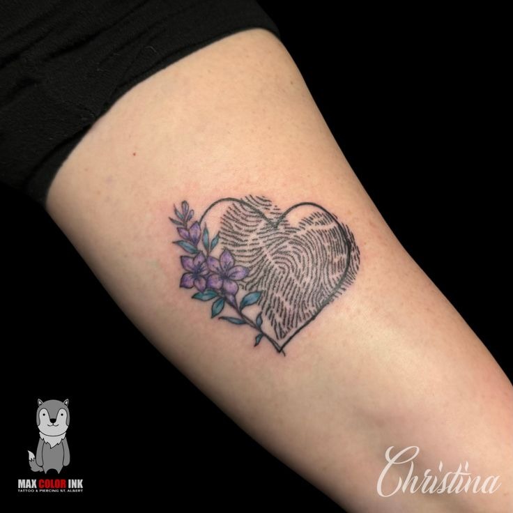 Fingerprint Heart with Purple Flower Tattoo Tattoo Design