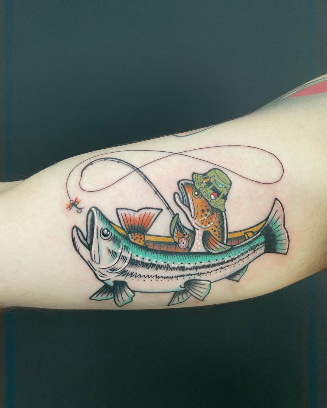 Playful Fishing Scene Tattoo with Unique Characters Tattoo Design