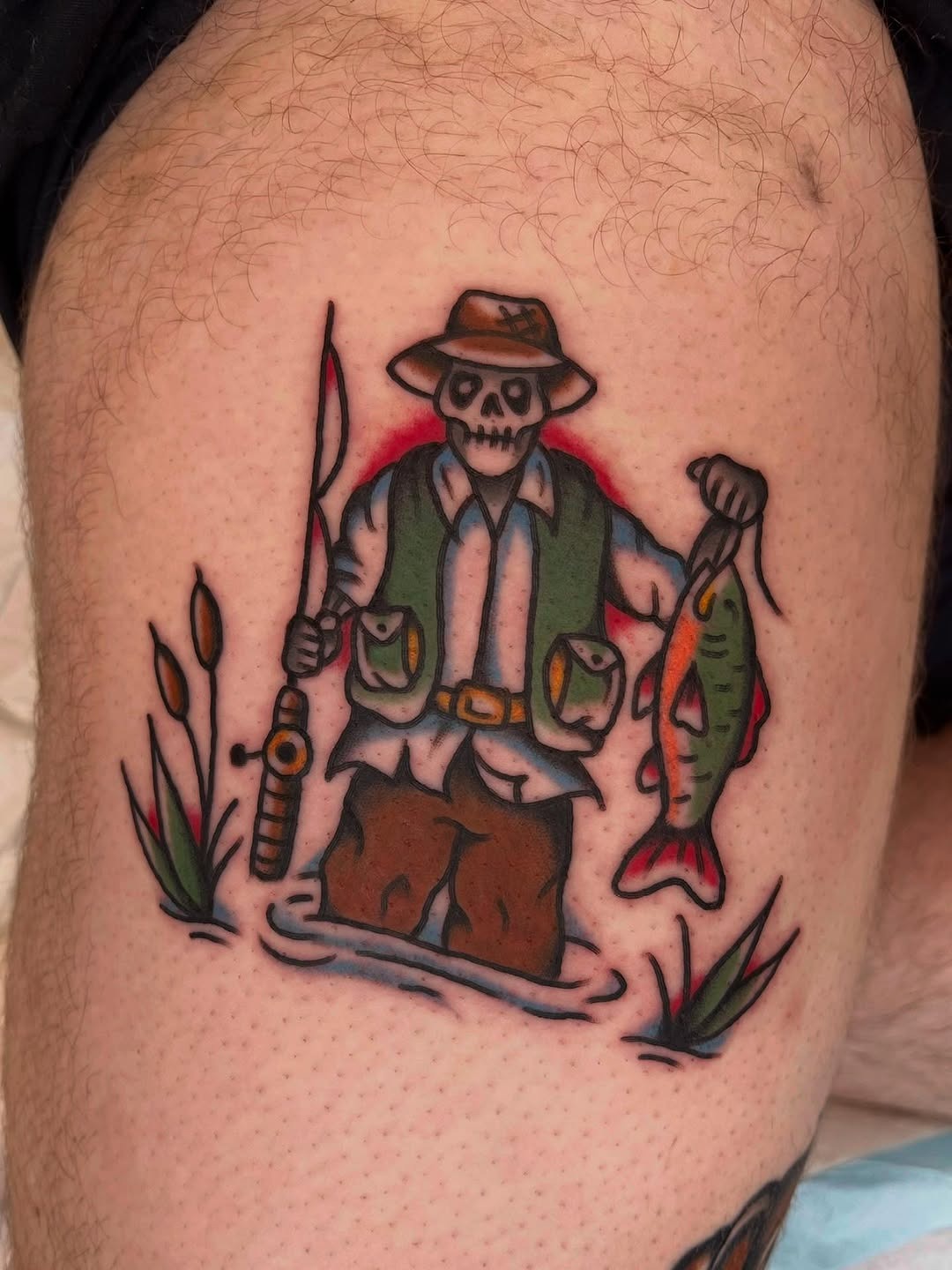 Unique fishing tattoo featuring a skeleton fisherman Tattoo Design