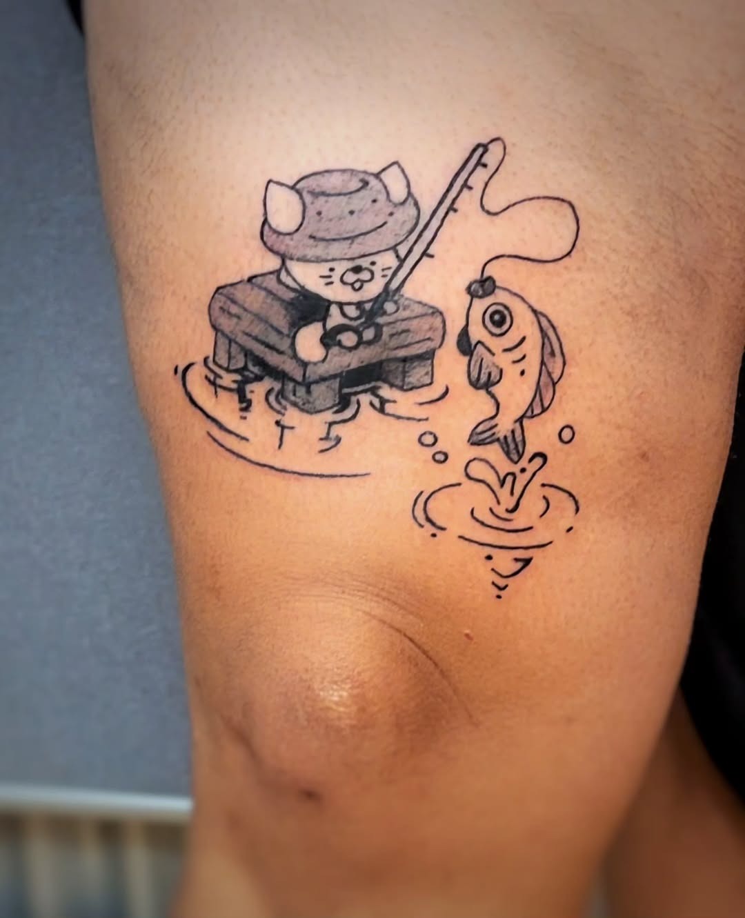 Whimsical cat fishing tattoo design Tattoo Design