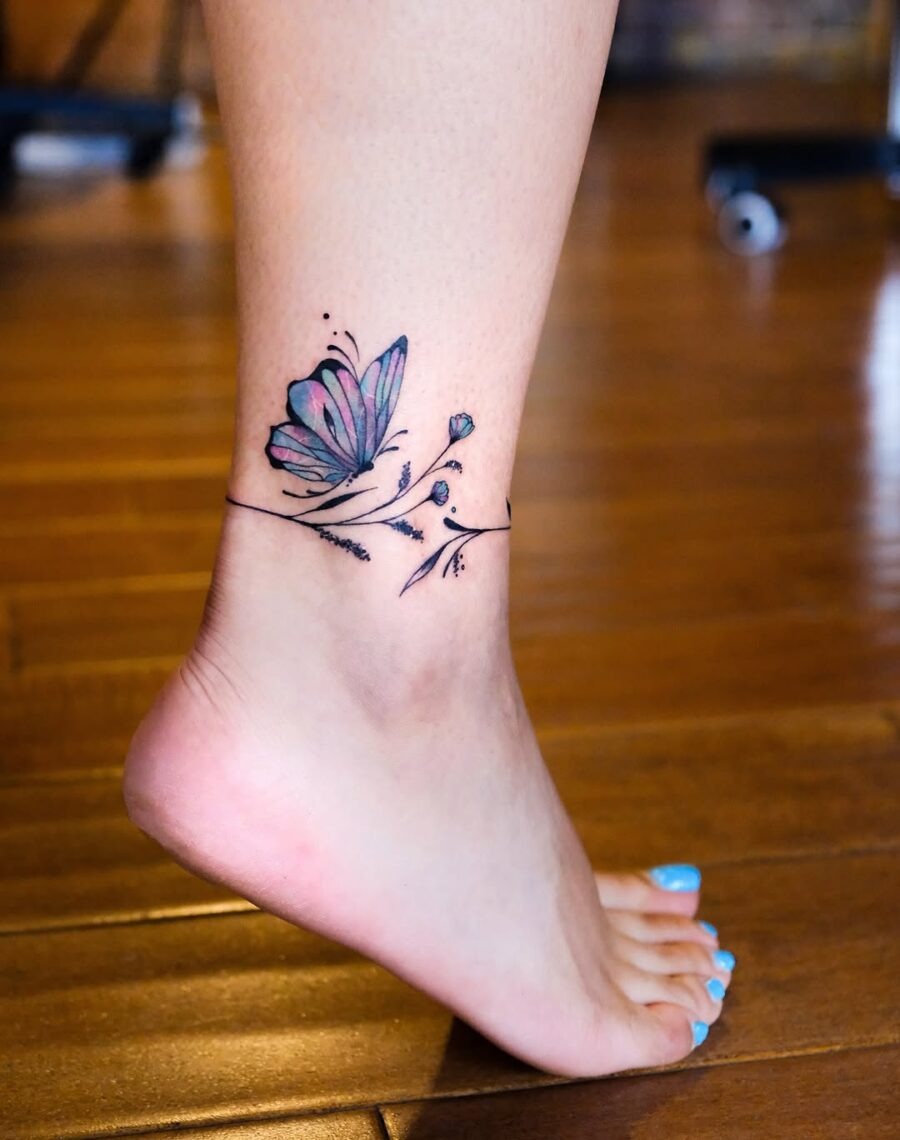 Delicate butterfly and floral ankle tattoo design Tattoo Design
