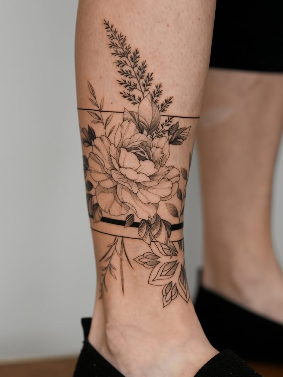 Elegant ankle tattoo with floral designs Tattoo Design
