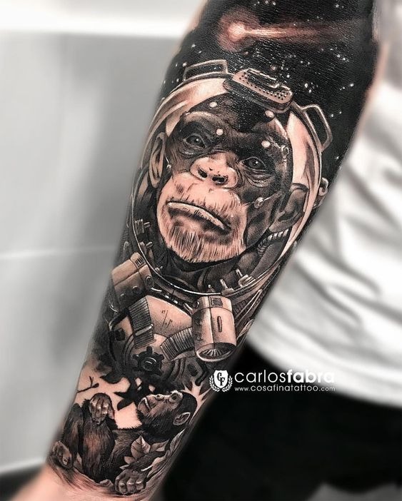 Astronaut Chimpanzee with Earth and Space forearm tattoo Tattoo Design