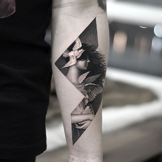 Bold Profile of a Woman and Birds Tattoo Design