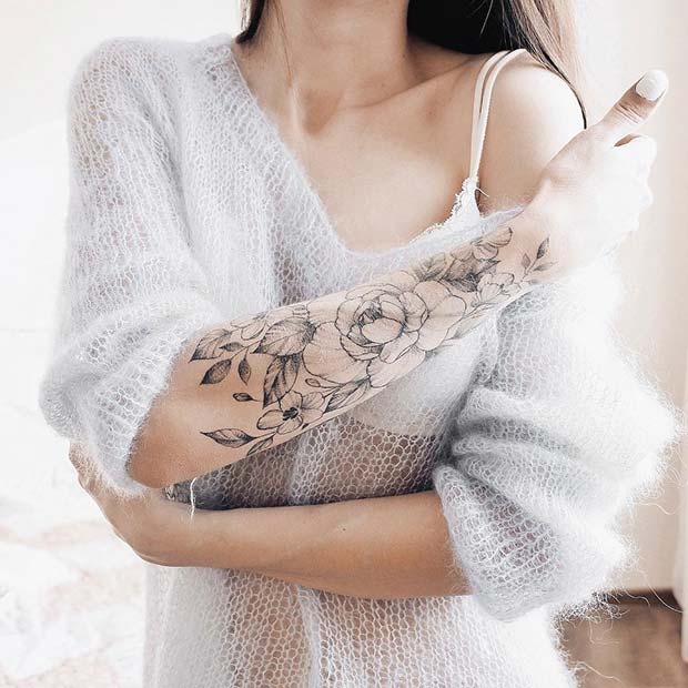 Cabbage Rose Forearm Sleeve Tattoo with Leaves Tattoo Design