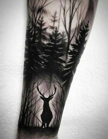 Dramatic Buck Silhouette in the Woods forearm tattoo Tattoo Design