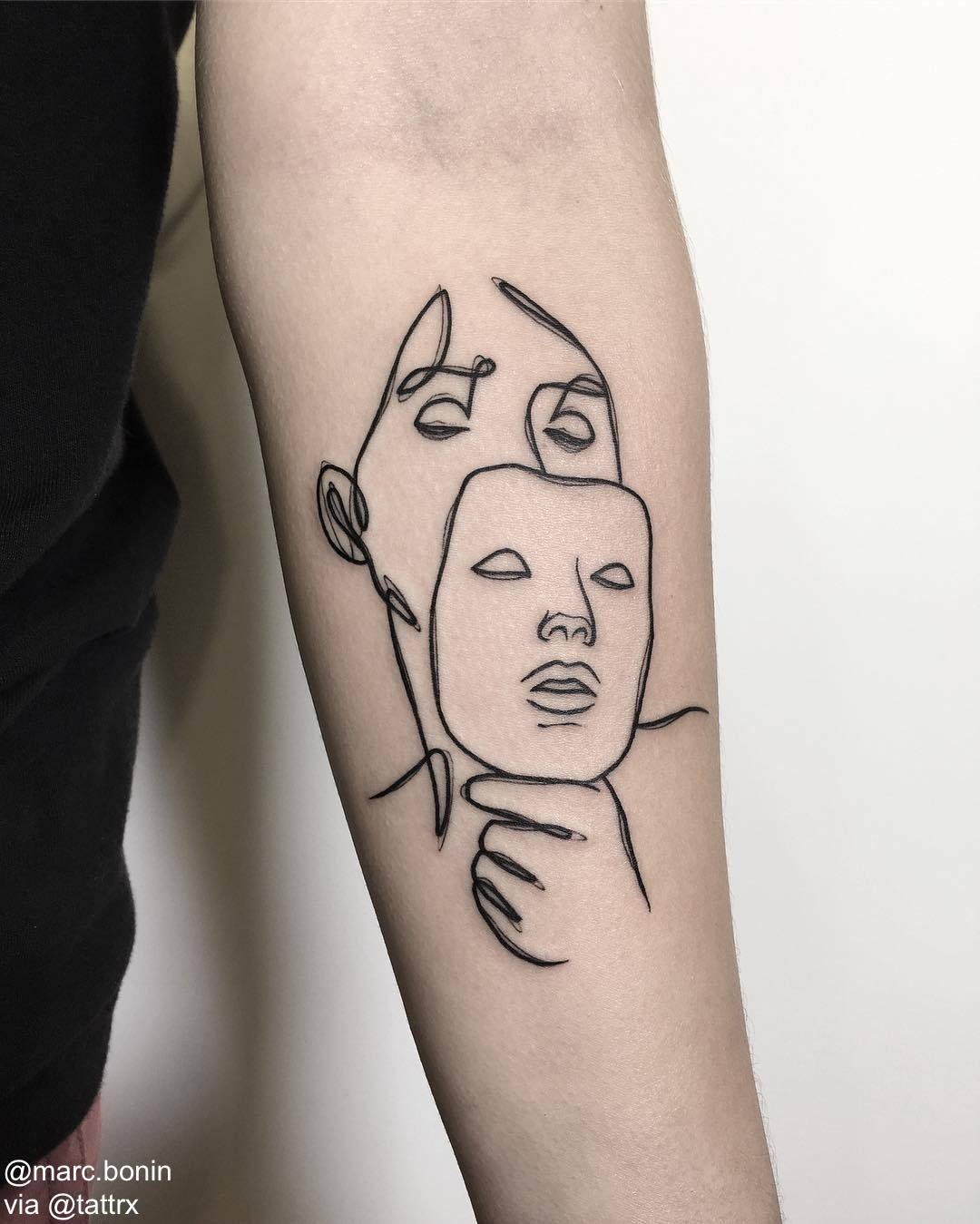 Face and Drama Mask in One Line Forearm Tattoos Tattoo Design