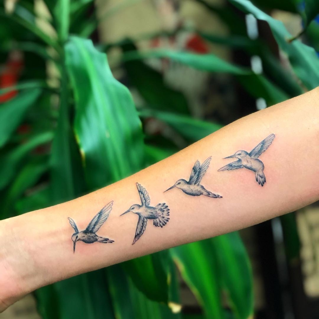 Four Small Hummingbirds in Flight Forearm Tattoos Tattoo Design